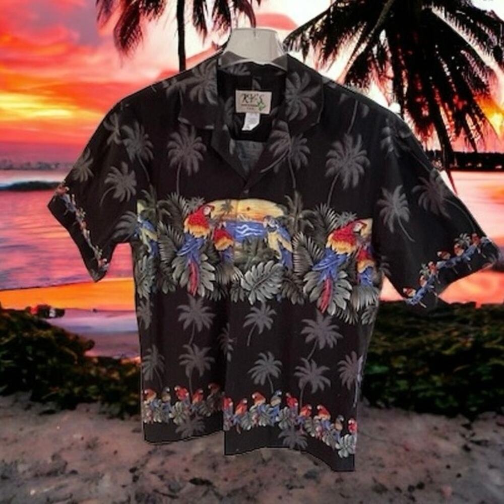 Vintage KY’s Authentic Hawaiian Shirt Parrots Sunset Palm Trees Cotton Size L